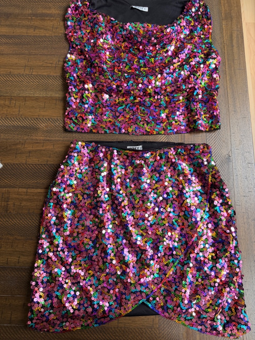 Rainbow Sequin Party Set Cowl Neck Top Mini Skirt Y2K Barbiecore Disco Outfit M